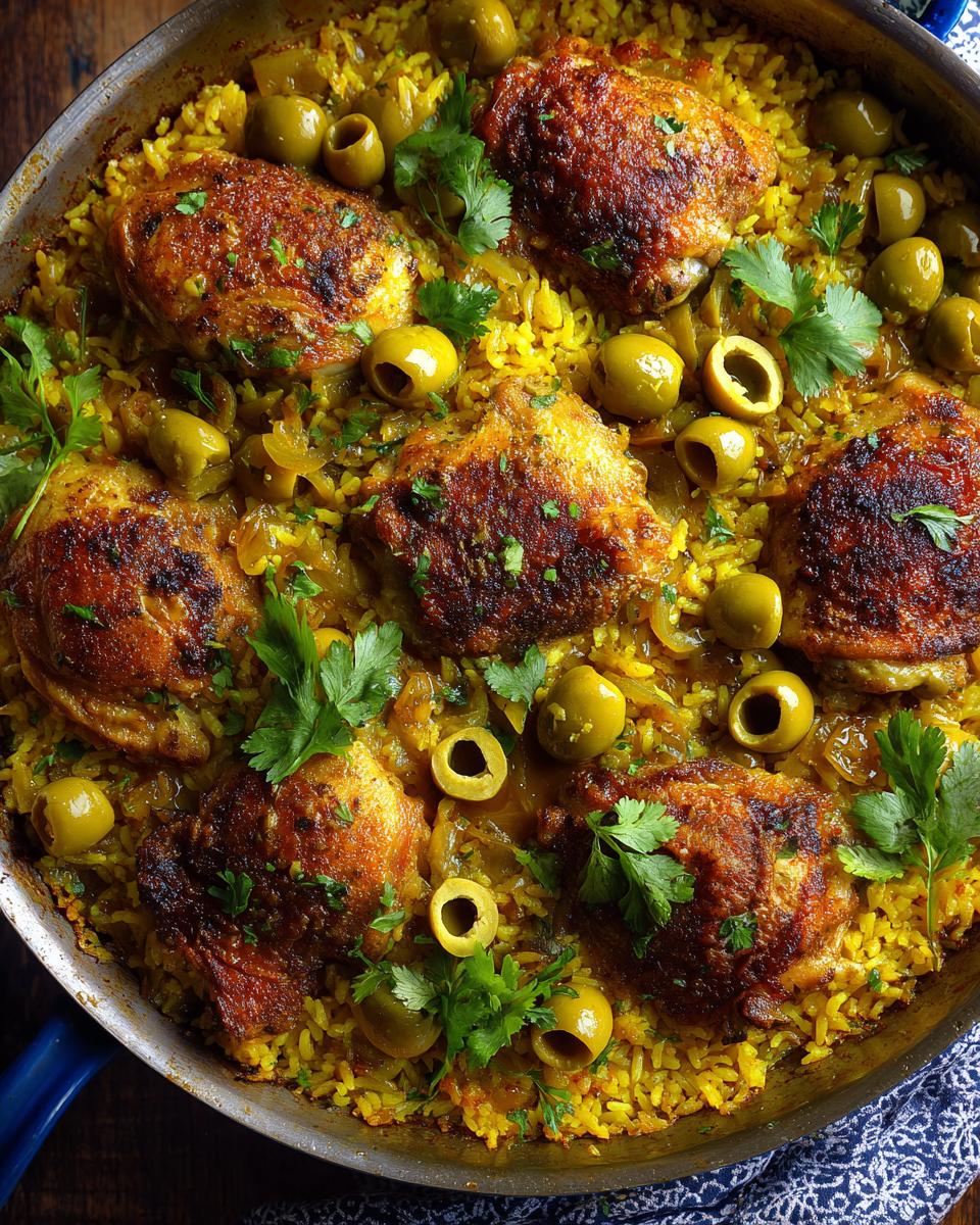 A close-up overhead view of a pan filled with flavorful Arroz con Pollo, featuring golden-brown chicken thighs, yellow rice, green olives, and fresh parsley.