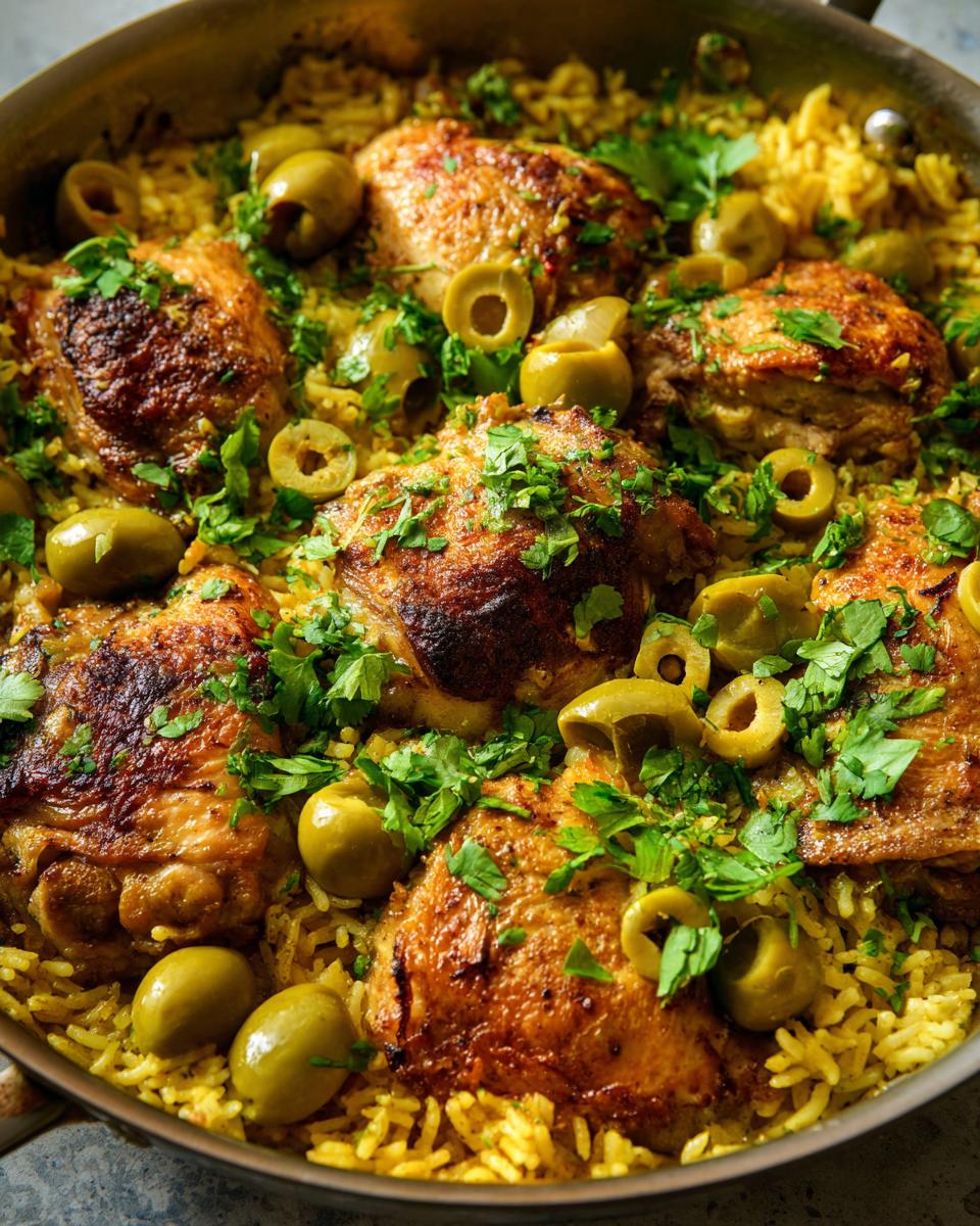 A close-up of delicious Arroz con Pollo in a pan, featuring golden-brown chicken thighs, yellow rice, green olives, and fresh parsley.