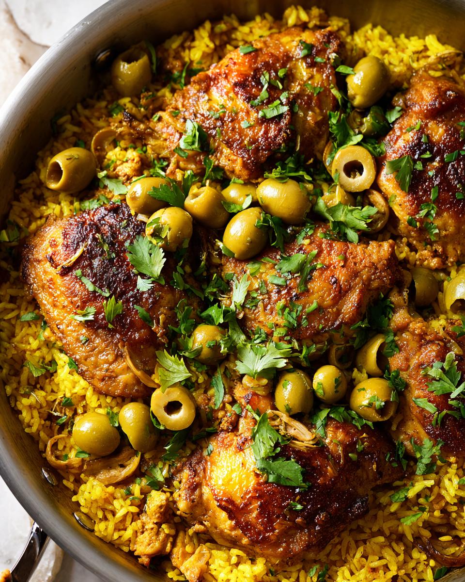 A close-up overhead view of Arroz con Pollo in a pan, featuring golden-brown chicken thighs, yellow rice, green olives, and fresh parsley.