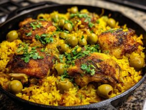 A close-up of flavorful Arroz con Pollo cooked in a cast iron skillet, featuring tender chicken thighs, yellow rice, and green olives.