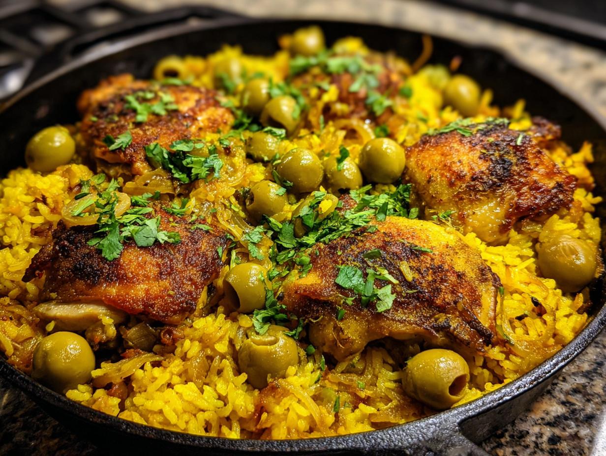 A close-up of flavorful Arroz con Pollo cooked in a cast iron skillet, featuring tender chicken thighs, yellow rice, and green olives.
