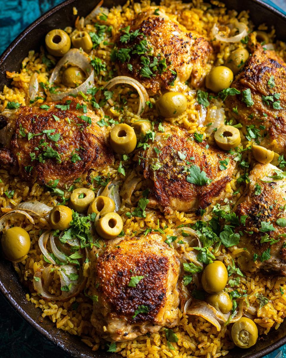 Close-up of a skillet filled with flavorful Arroz con Pollo, featuring golden-brown chicken thighs, yellow rice, olives, and fresh parsley.