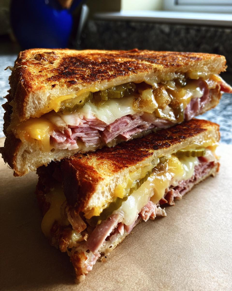 Close-up of a perfectly grilled Cuban sandwich, sliced in half, revealing layers of ham, melted cheese, pickles, and mustard.