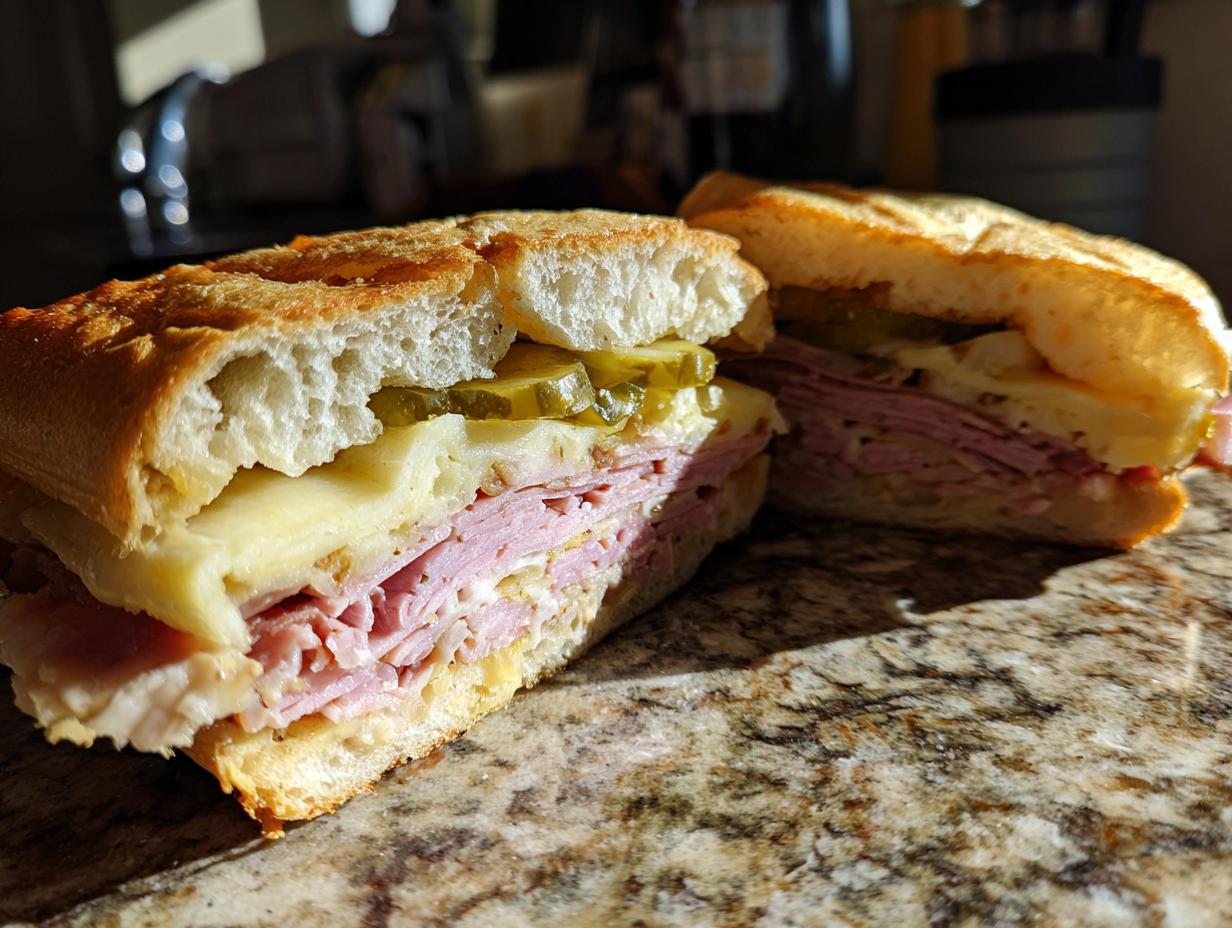 Close-up of a delicious Cuban sandwich cut in half, revealing layers of ham, cheese, and pickles on toasted bread.