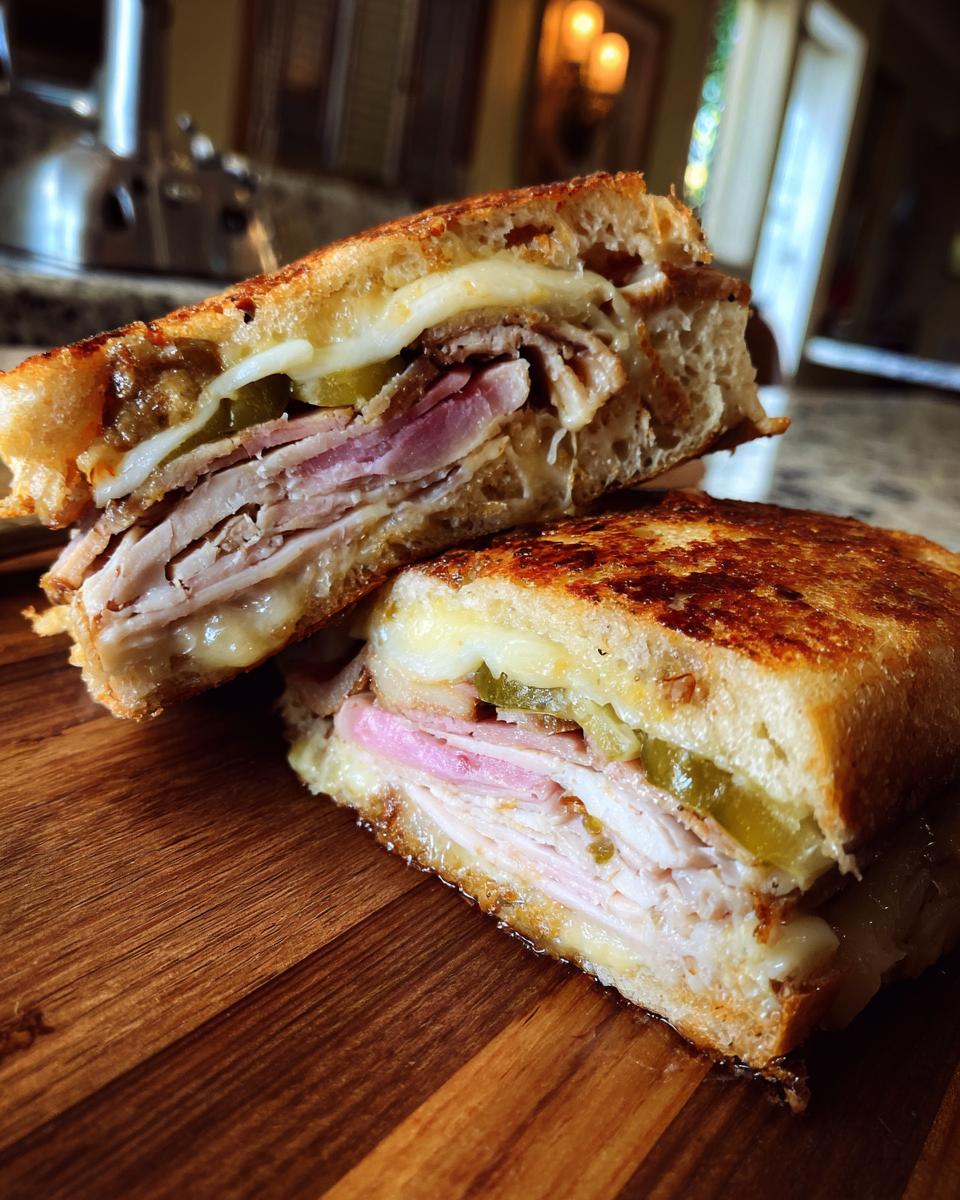 Close-up of an authentic Cuban sandwich, sliced in half, revealing layers of ham, turkey, pickles, and melted cheese.