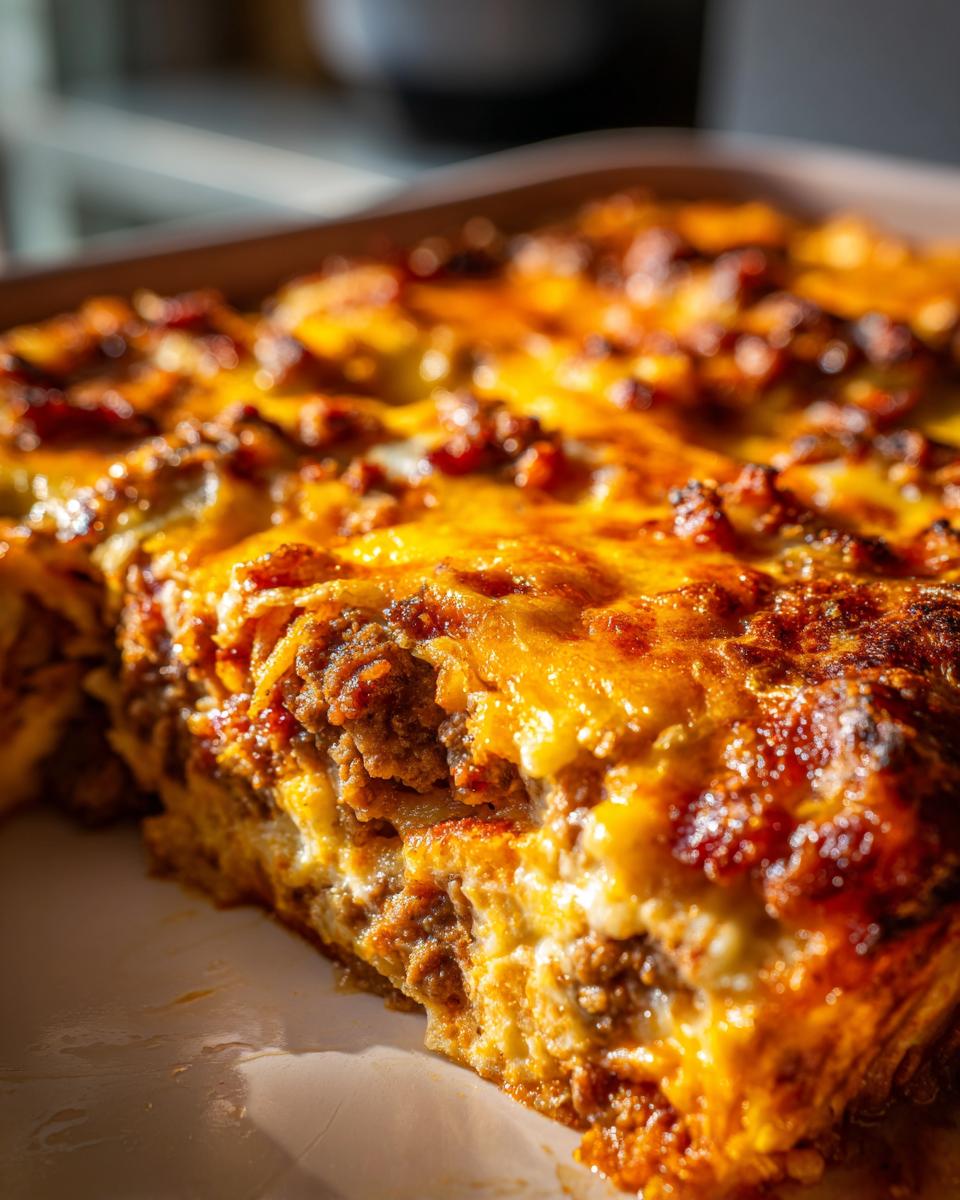 A close-up of a freshly baked Bacon Cheeseburger Casserole, showing layers of ground beef, cheese, and a golden-brown crust.