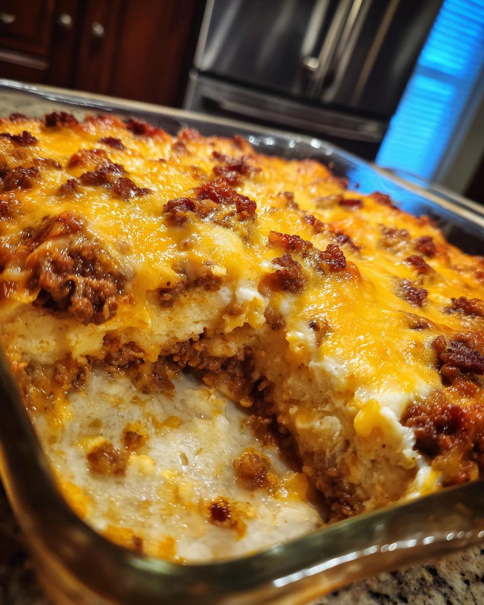 A close-up of a freshly baked Bacon Cheeseburger Casserole in a glass dish, with melted cheese and crumbled bacon.
