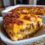 A close-up of a hearty slice of Bacon Cheeseburger Casserole, topped with melted cheese and crispy bacon.