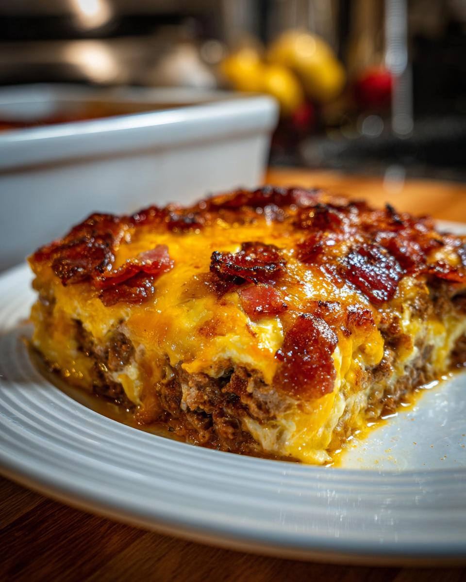 A close-up of a hearty slice of Bacon Cheeseburger Casserole, topped with melted cheese and crispy bacon.