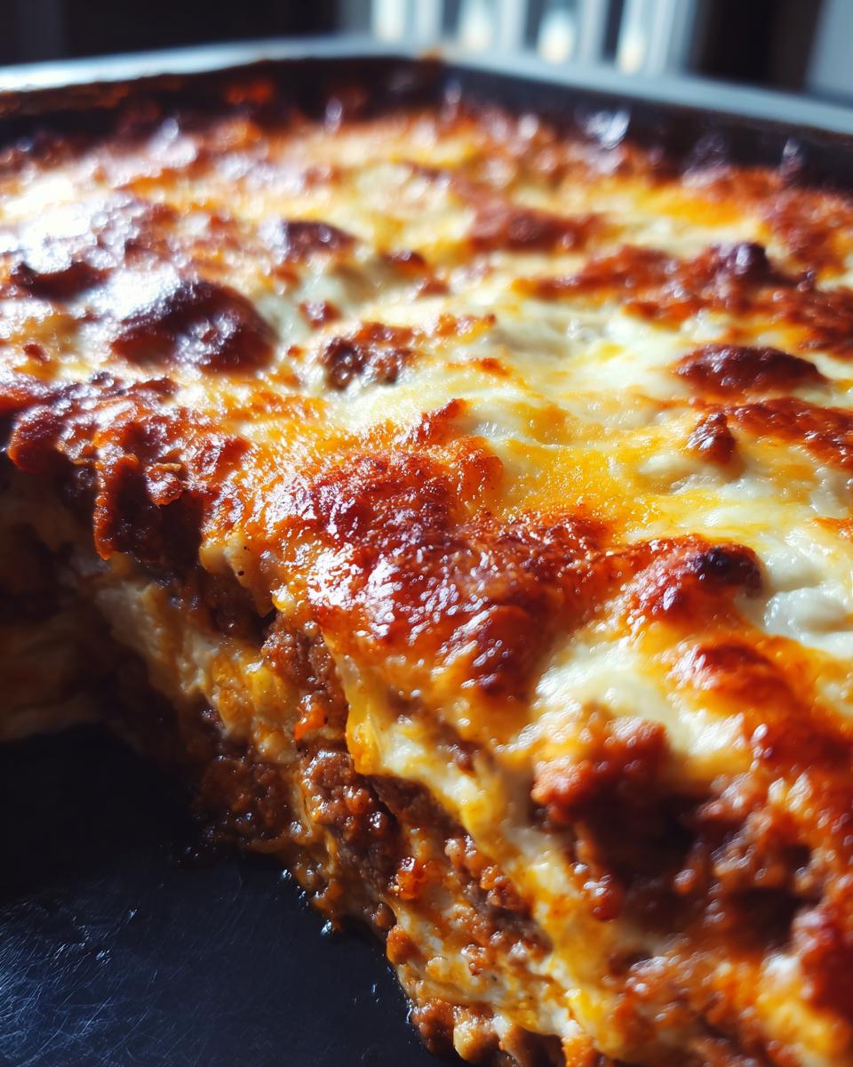 Close-up of a slice of Bacon Cheeseburger Casserole with melted cheese and rich meat sauce.