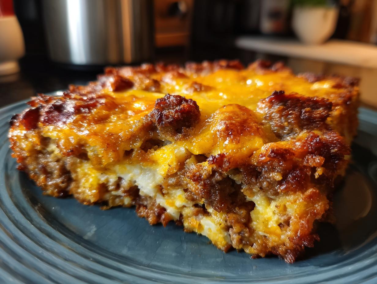 A close-up of a slice of Bacon Cheeseburger Casserole on a blue plate, featuring melted cheese and browned ground beef.