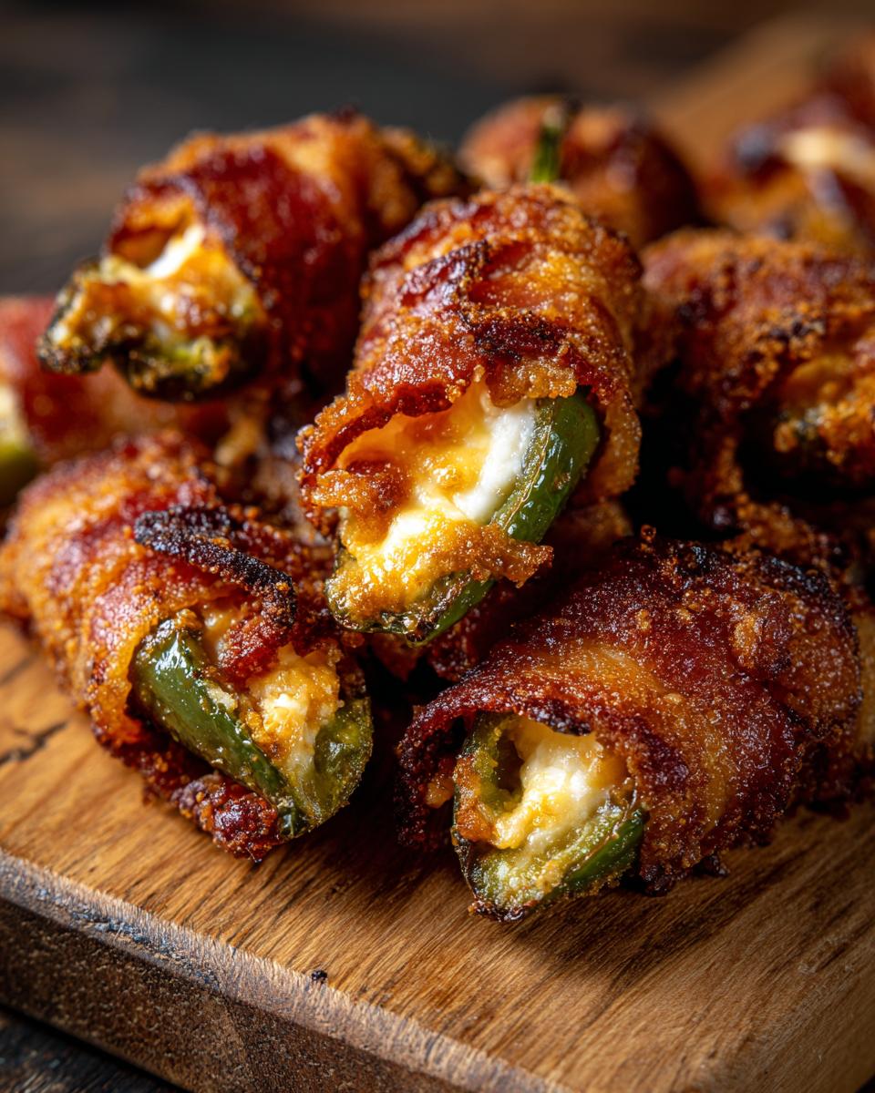 Close-up of delicious bacon-wrapped jalapeño poppers stuffed with cheese on a wooden board.