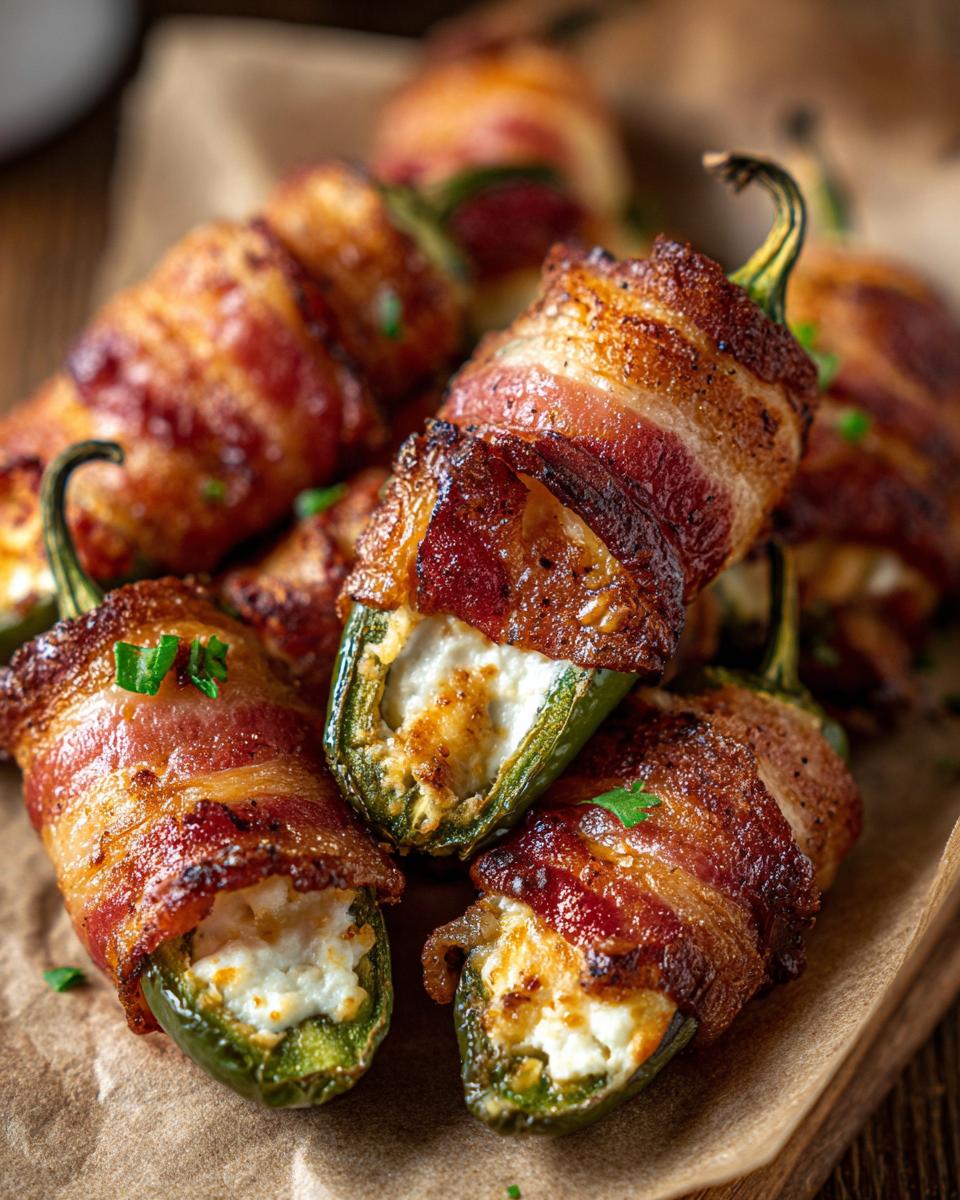 Close-up of crispy bacon-wrapped jalapeño poppers filled with creamy cheese.