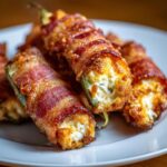 Close-up of delicious bacon-wrapped jalapeño poppers filled with creamy cheese on a white plate.