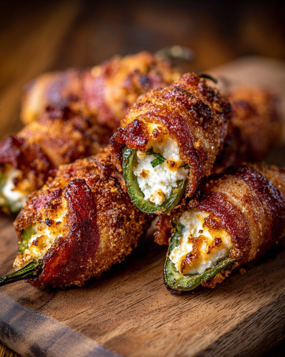 Close-up of crispy bacon-wrapped jalapeño poppers filled with creamy cheese and herbs.