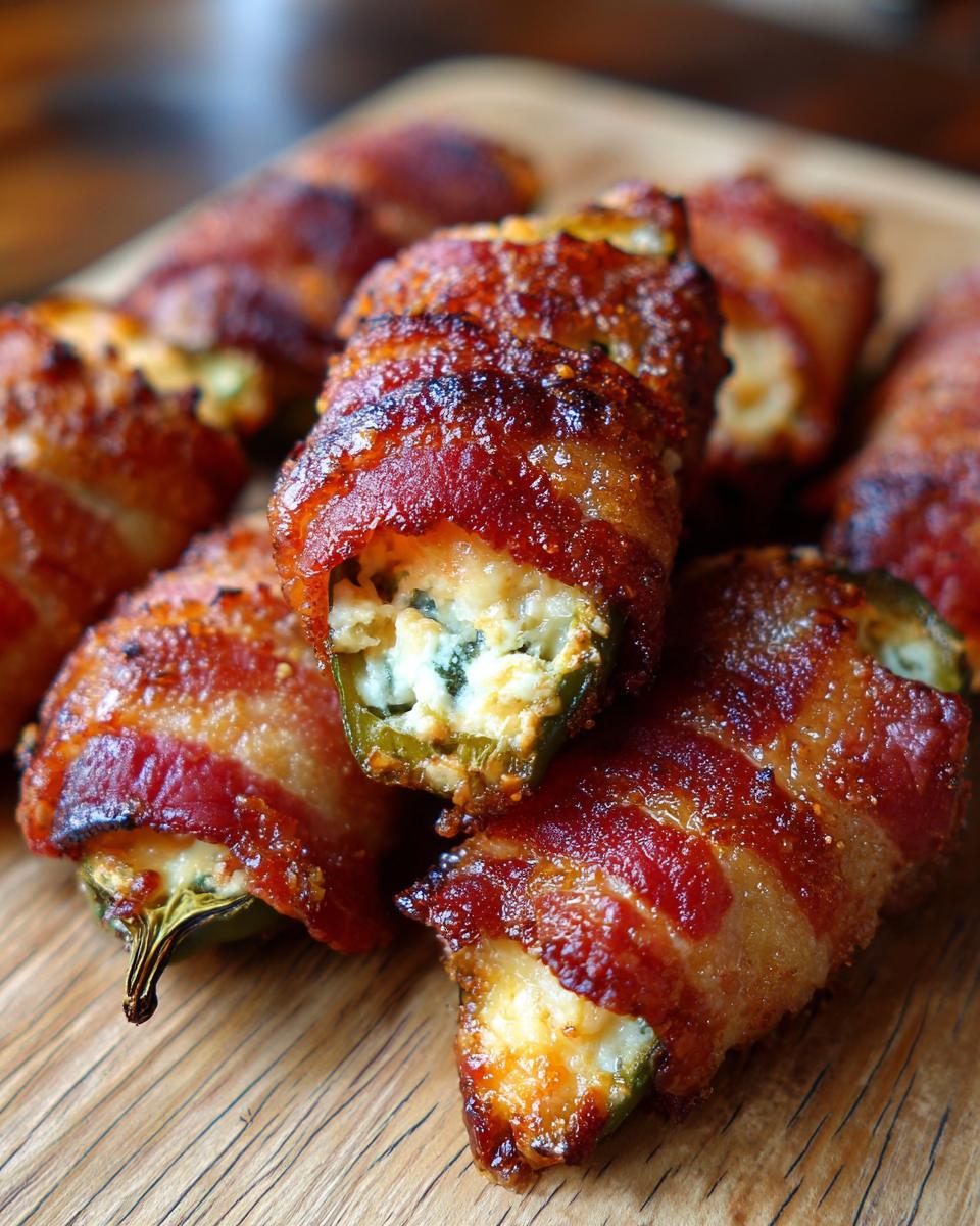 Close-up of delicious bacon-wrapped jalapeño poppers filled with creamy cheese.