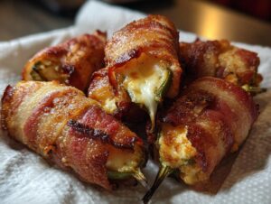 A close-up of crispy bacon-wrapped jalapeño poppers, with melted cheese oozing out.