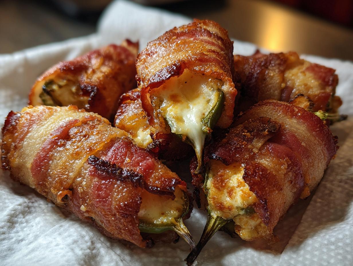 A close-up of crispy bacon-wrapped jalapeño poppers, with melted cheese oozing out.