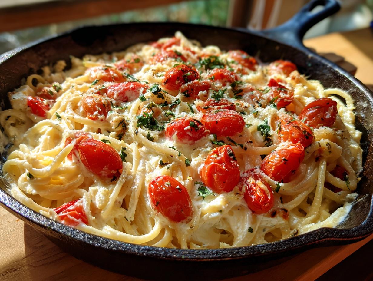 Close-up of viral baked feta pasta in a cast iron skillet, topped with roasted cherry tomatoes and fresh parsley.