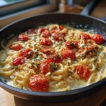 Close-up of creamy baked feta pasta with roasted cherry tomatoes and herbs in a black skillet.