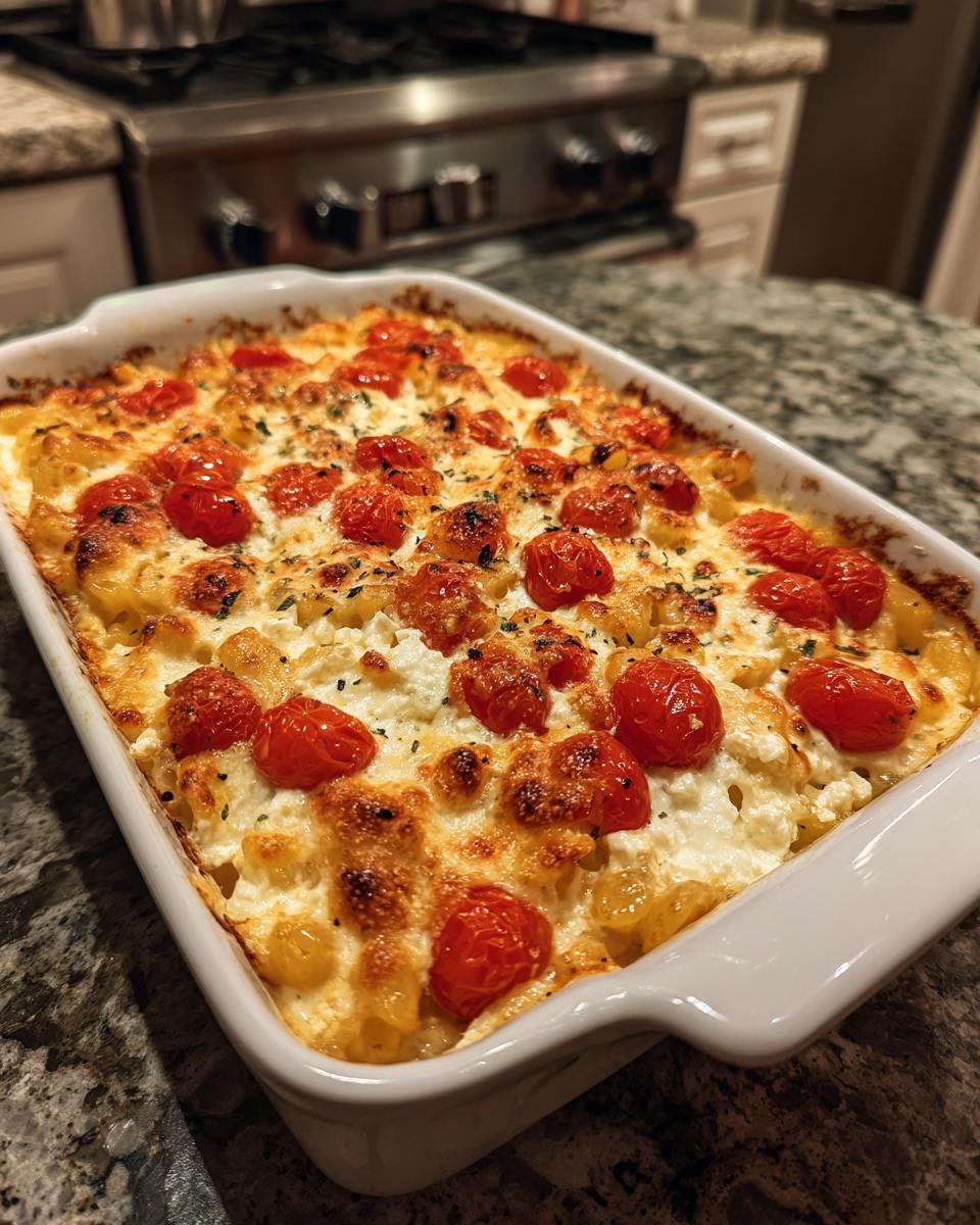 Close-up of a white baking dish filled with viral baked feta pasta and cherry tomatoes.