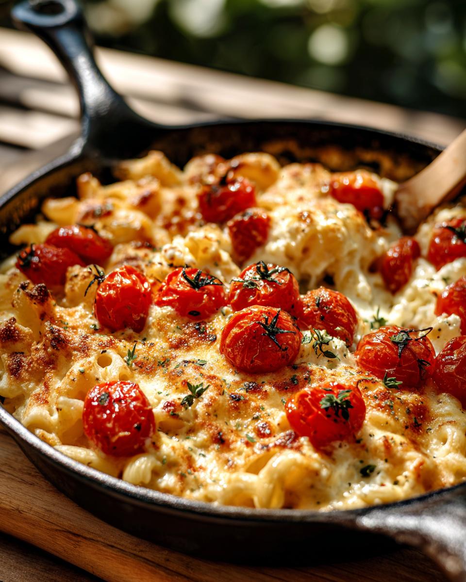 Close-up of viral baked feta pasta in a cast iron skillet, topped with roasted cherry tomatoes and herbs.