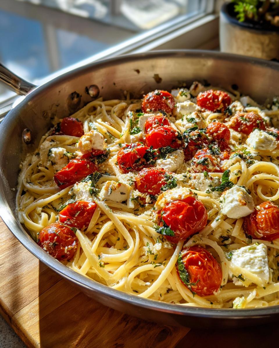 Close-up of viral baked feta pasta in a skillet with cherry tomatoes and feta cheese.