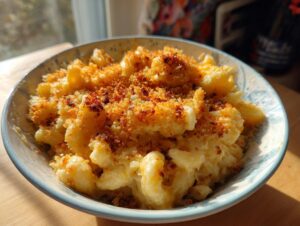 A close-up of a bowl of creamy baked mac and cheese, topped with golden-brown breadcrumbs.