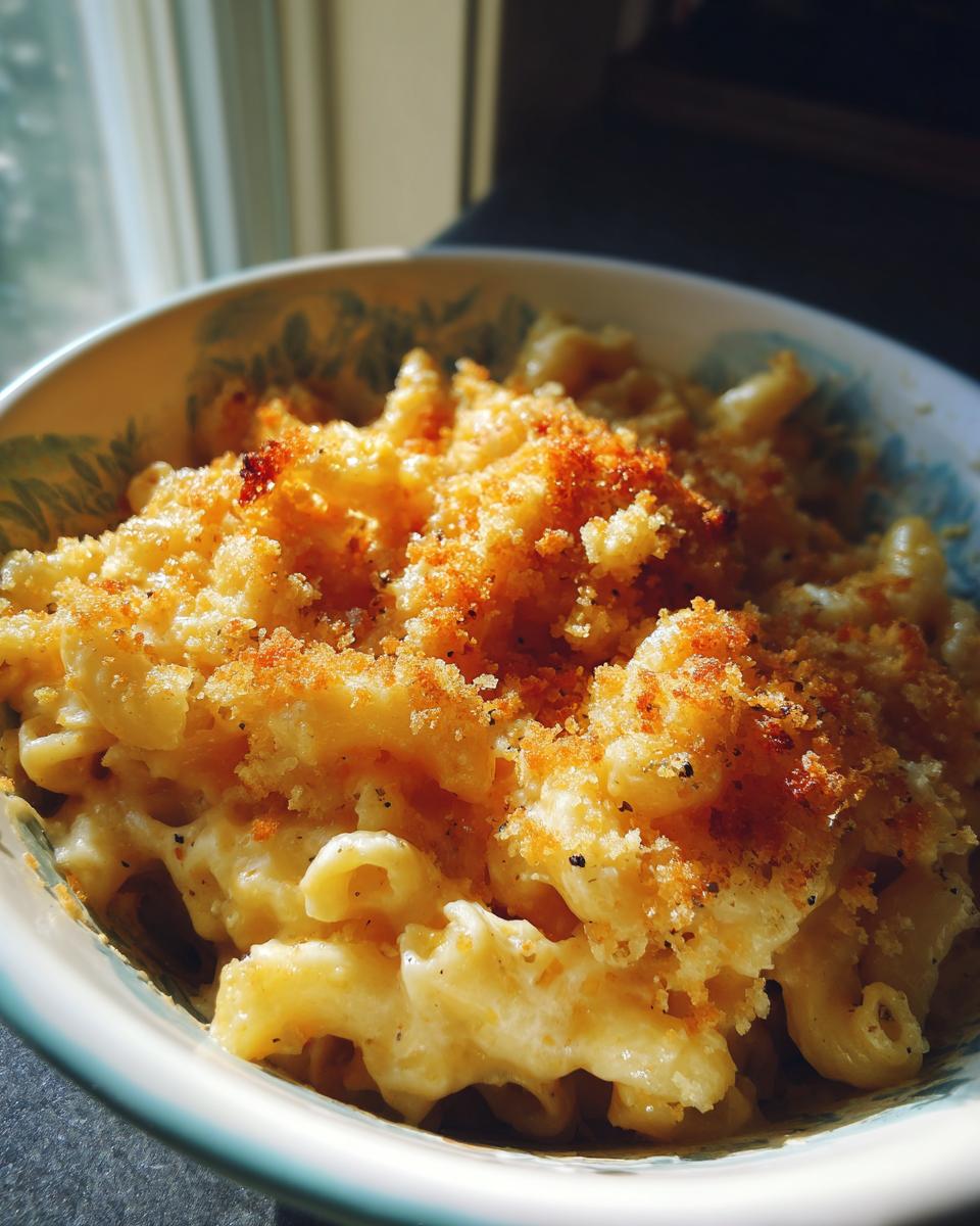 A close-up of creamy baked mac and cheese in a bowl, topped with golden breadcrumbs.