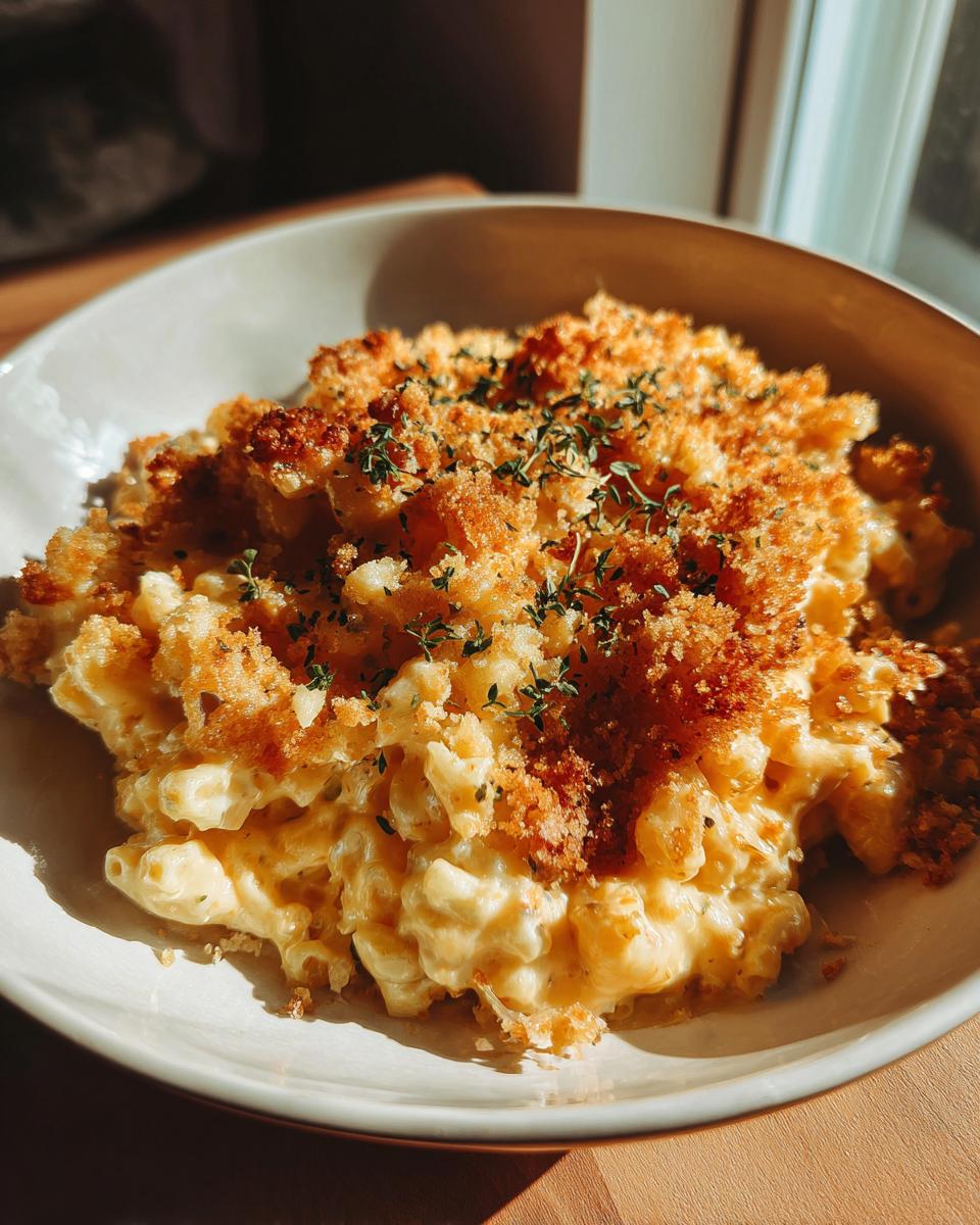 A close-up of creamy baked mac and cheese in a bowl, topped with golden breadcrumbs and fresh herbs.