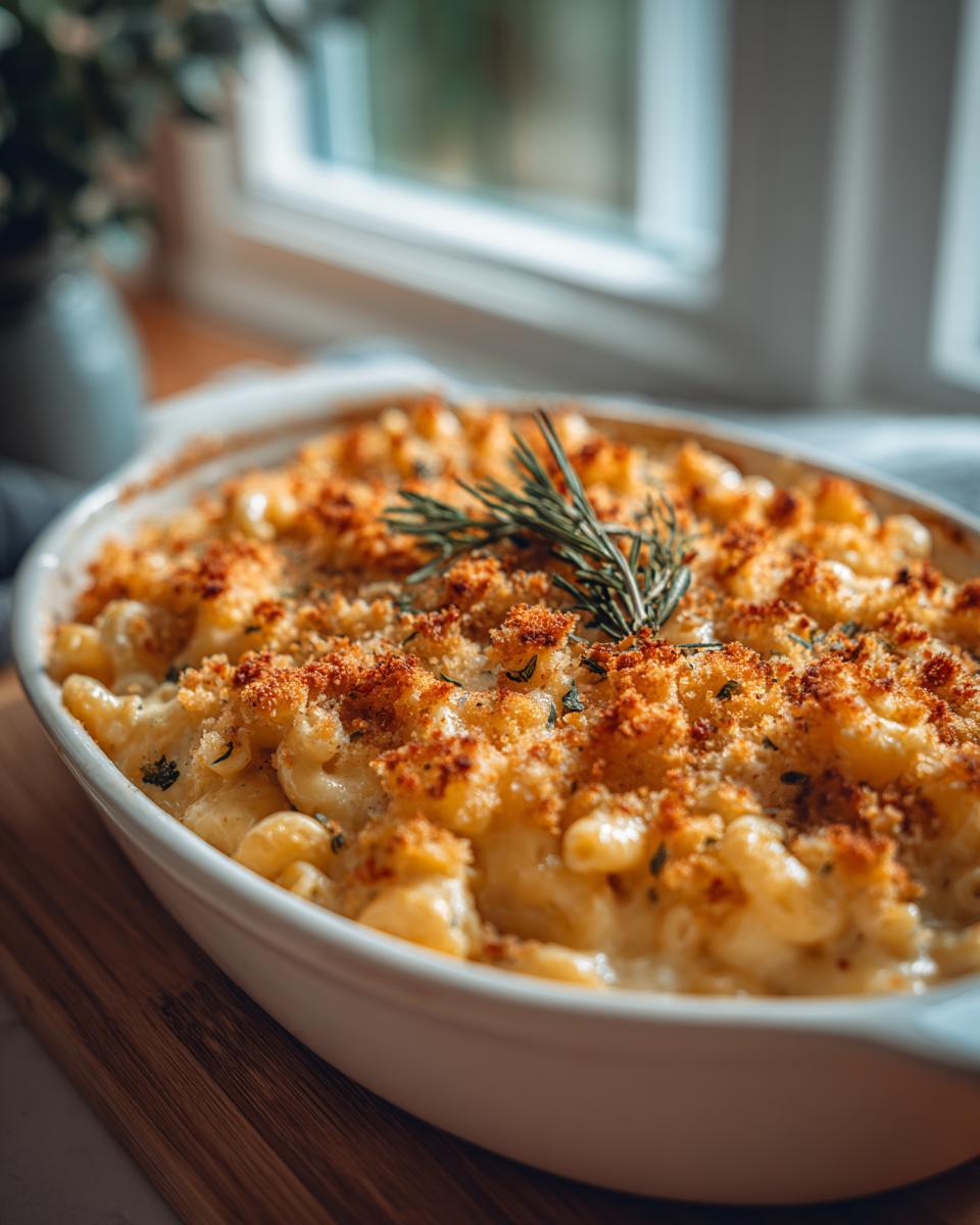 A close-up of creamy baked mac and cheese in a white dish, topped with golden breadcrumbs and fresh rosemary.