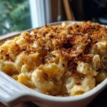 Close-up of a creamy baked mac and cheese dish, topped with golden brown breadcrumbs.