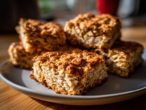 A close-up of golden-brown baked oatmeal squares stacked on a grey plate.