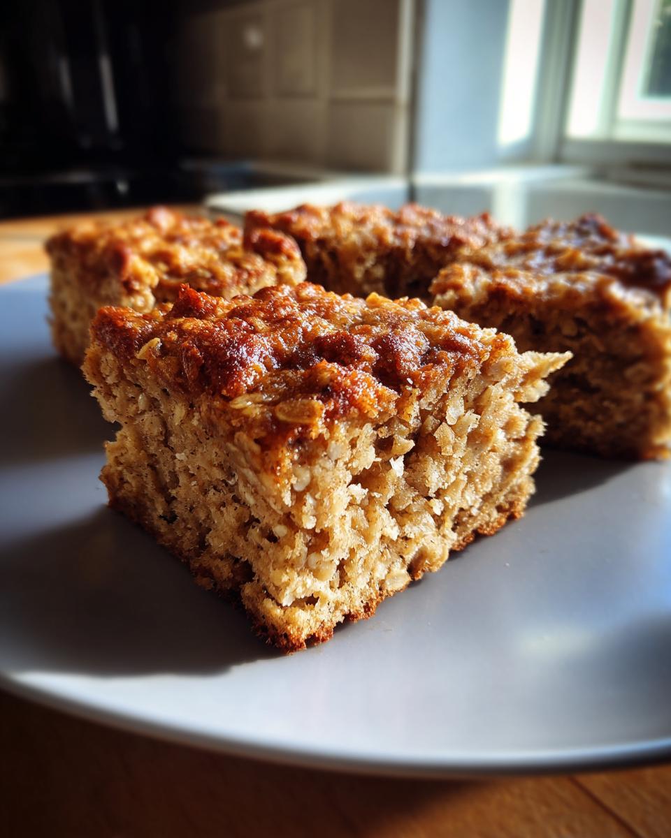 Close-up of golden brown baked oatmeal squares on a grey plate, ready to be enjoyed.
