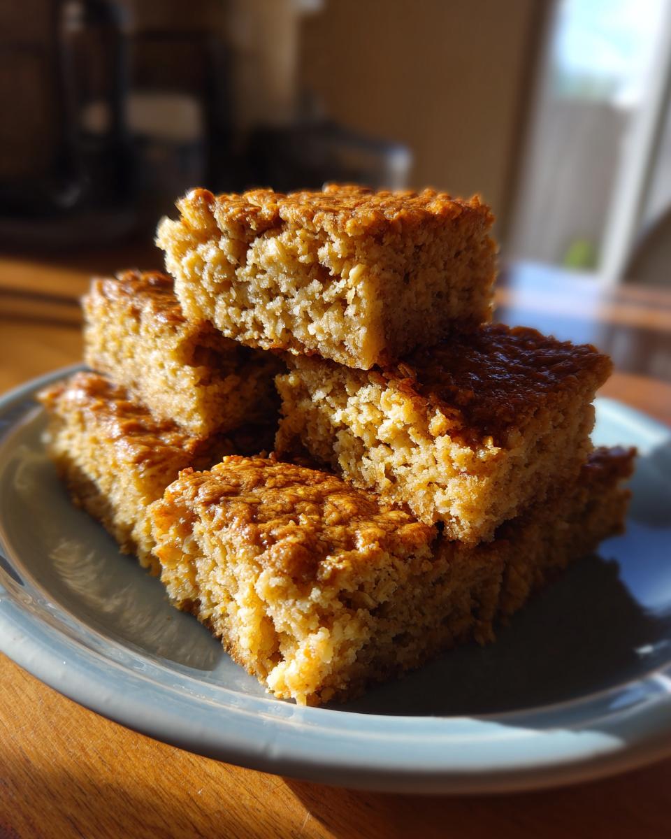 Close-up of golden brown baked oatmeal squares stacked on a light blue plate.