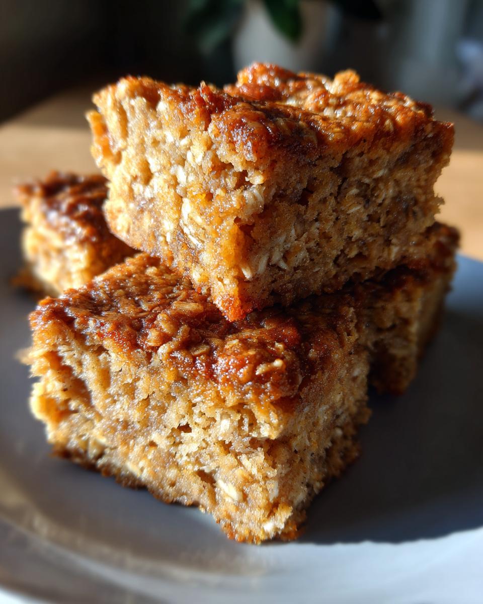 Close-up of stacked baked oatmeal squares on a plate, showcasing a golden-brown, slightly caramelized top.