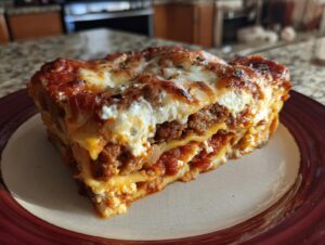 A generous slice of baked ziti with layers of pasta, meat sauce, and creamy ricotta cheese, topped with melted mozzarella.
