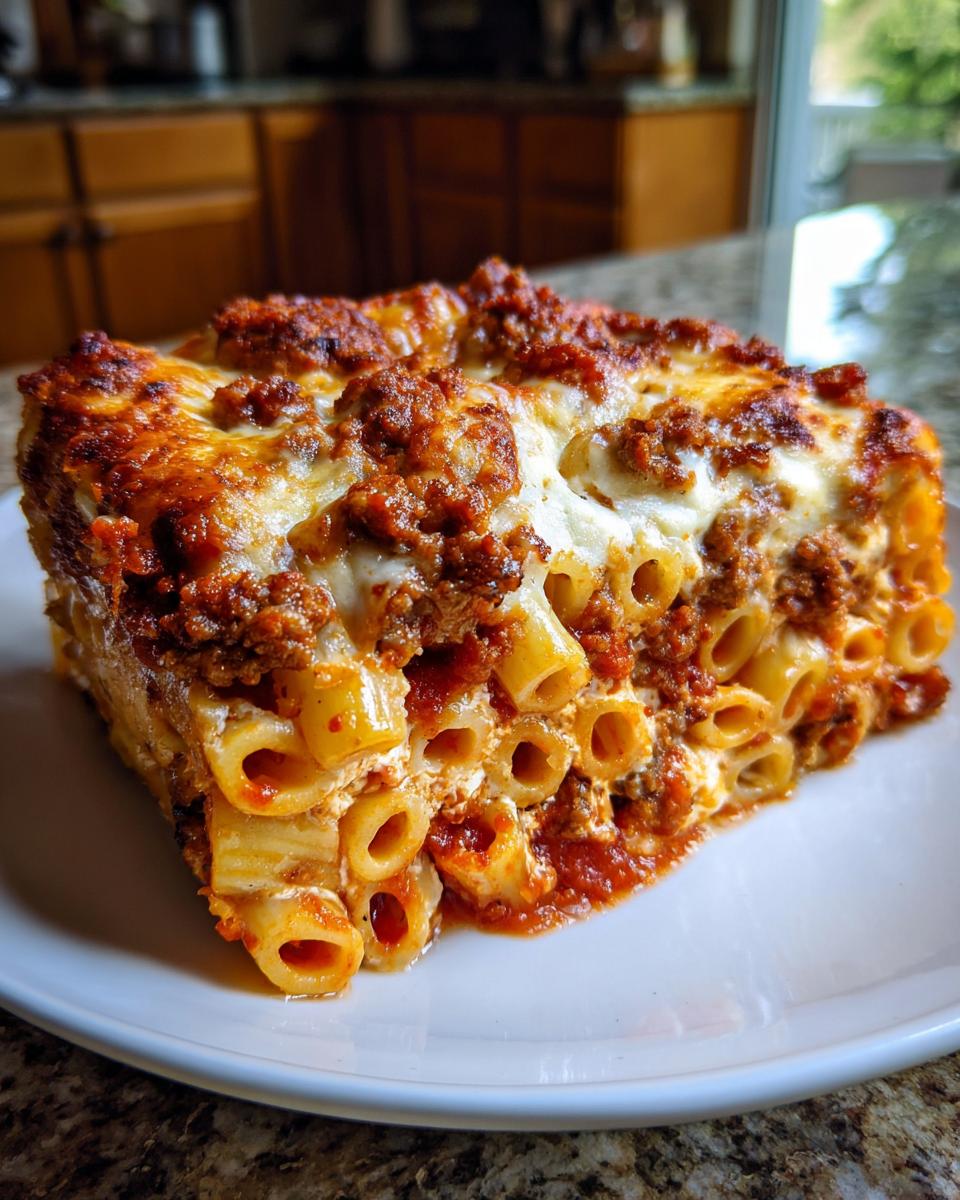 A close-up of a hearty slice of baked ziti, featuring tube pasta, rich meat sauce, and melted cheese.