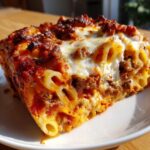 A close-up of a generous slice of baked ziti, featuring tubes of pasta, rich meat sauce, and melted mozzarella cheese.