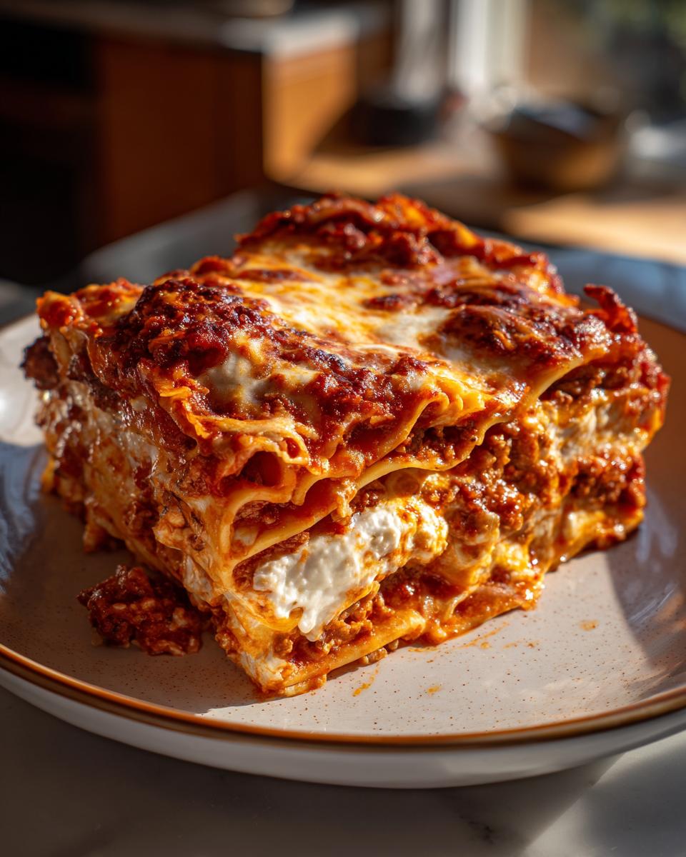 A generous slice of baked ziti with layers of pasta, rich meat sauce, and creamy ricotta cheese, topped with melted mozzarella.