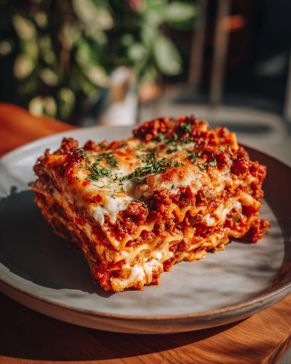 A generous slice of baked ziti with layers of pasta, rich meat sauce, and melted cheese, garnished with parsley.