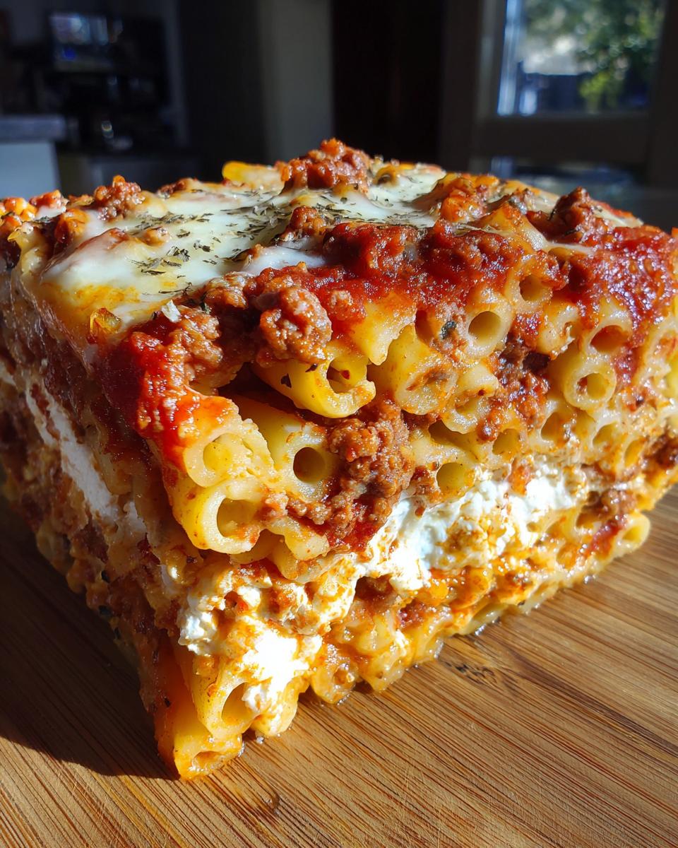 A close-up view of a generous slice of baked ziti, featuring layers of pasta, creamy ricotta cheese, and rich meat sauce, topped with melted mozzarella.