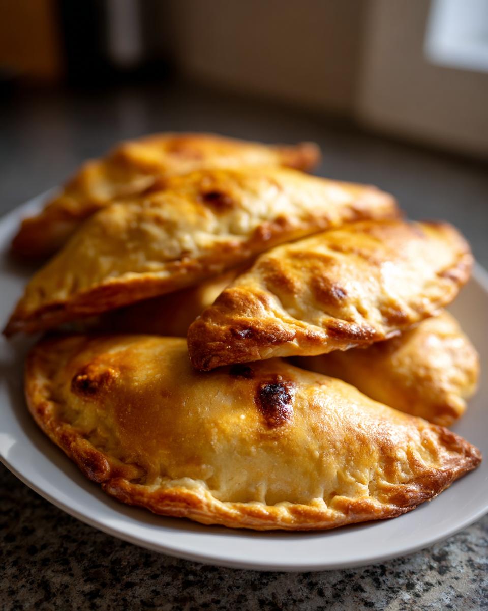 A close-up of several golden-brown baked beef empanadas stacked on a white plate.