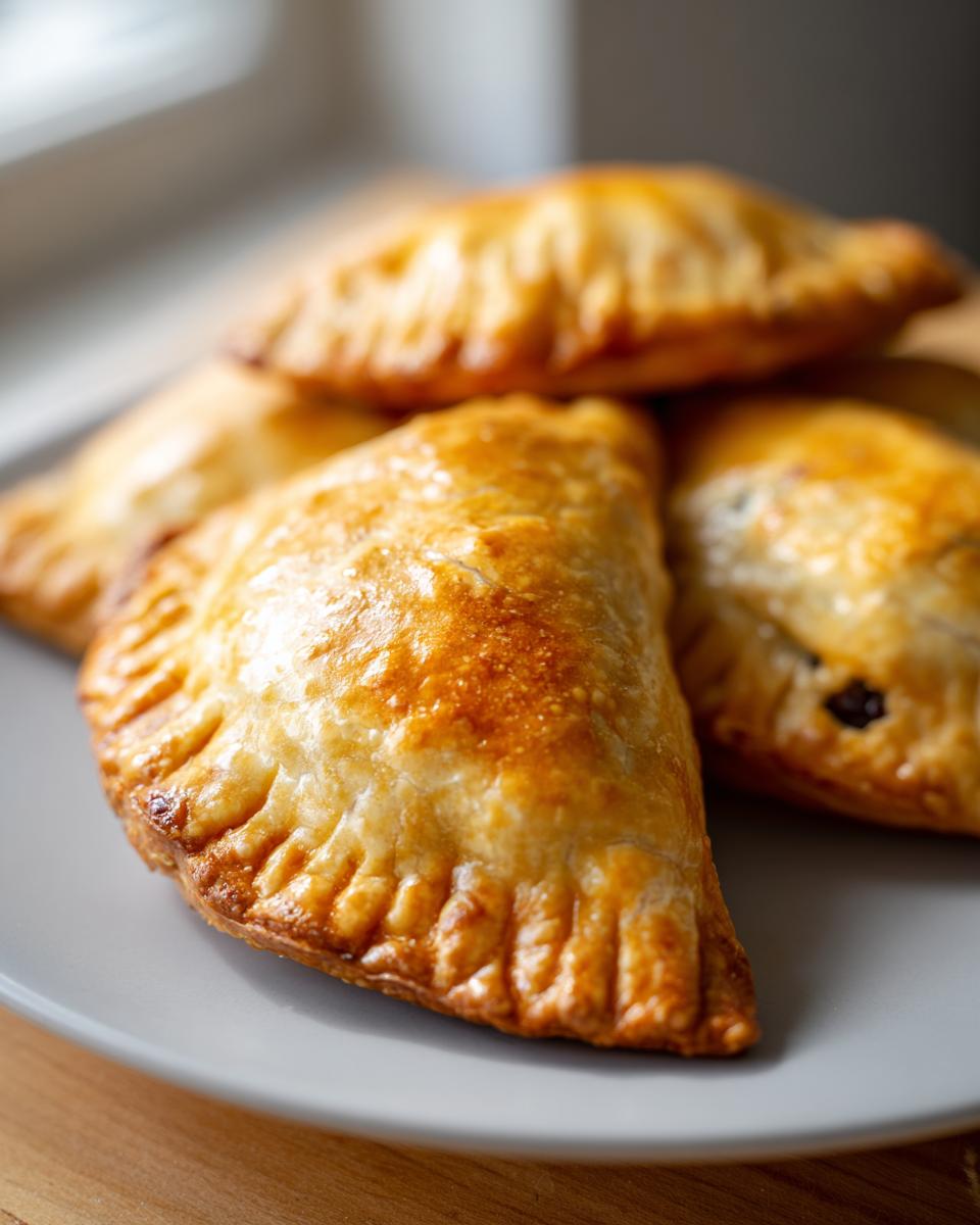 A close-up of golden-brown baked beef empanadas stacked on a gray plate.