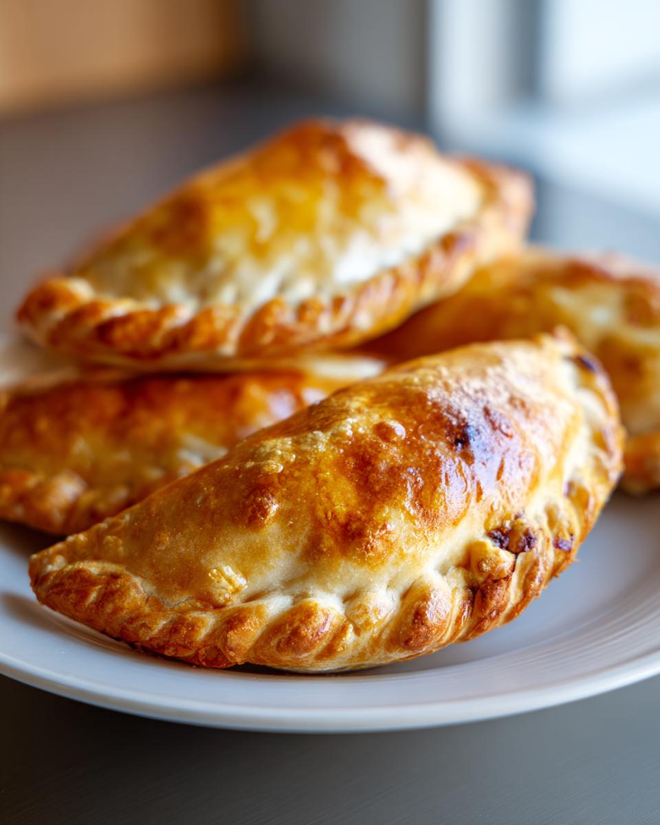 Close-up of golden-brown baked beef empanadas with crimped edges, stacked on a white plate.