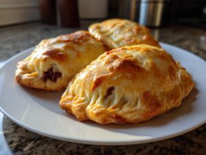 Three golden-brown baked beef empanadas are arranged on a white plate, with one slightly open showing the savory filling.