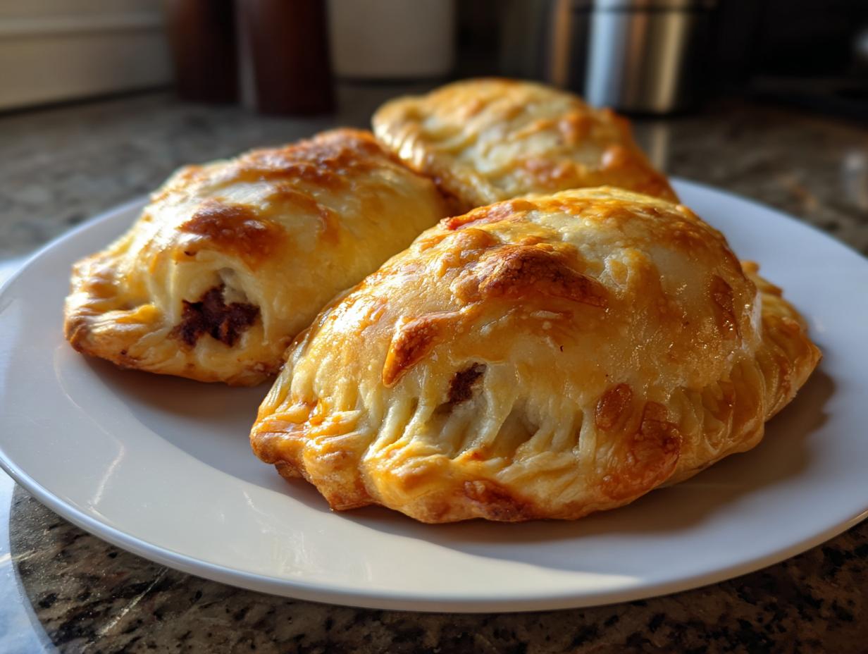 Three golden-brown baked beef empanadas are arranged on a white plate, with one slightly open showing the savory filling.