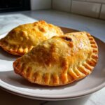 Two golden-brown beef empanadas with crimped edges sit on a light gray plate, ready to be enjoyed.