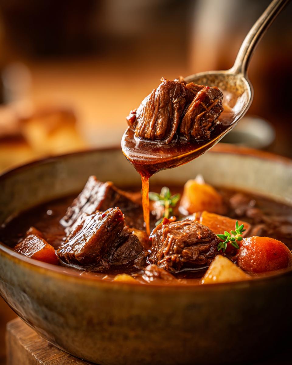 A close-up shot of tender beef stew pieces being lifted from a bowl with a spoon.