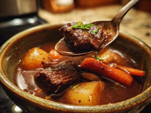 A spoonful of rich beef stew with tender beef chunks, carrots, and potatoes, garnished with chives.